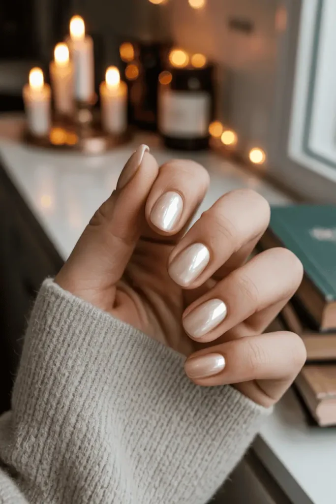 Neutral beige nails with pearly glazed sheen reflecting light. Cozy indoor lighting, background with candles or books.