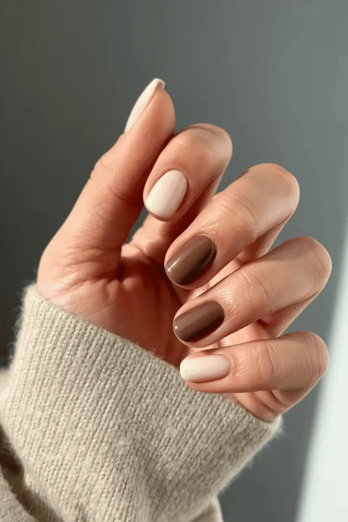 Ombré nails fading from cream at cuticle to mocha at tips. Styled with ivory sweater and latte drink in hand.