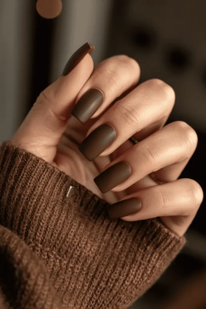 Velvety matte chocolate brown coffin nails against a wool sweater background. Warm, moody lighting emphasizing texture.