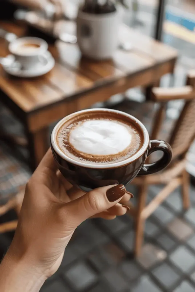 Glossy medium-brown nails holding a cappuccino cup, cozy café background with neutral props. Natural light highlighting shine.